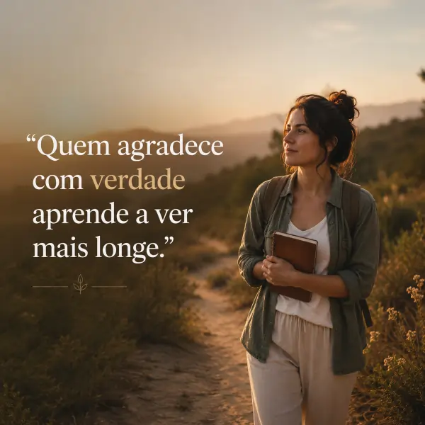 39 frases de humildade e gratidão: reflexões para reconhecer o que importa 5 Mulher em trilha ao entardecer segurando caderno com frase sobre gratidão e verdade.