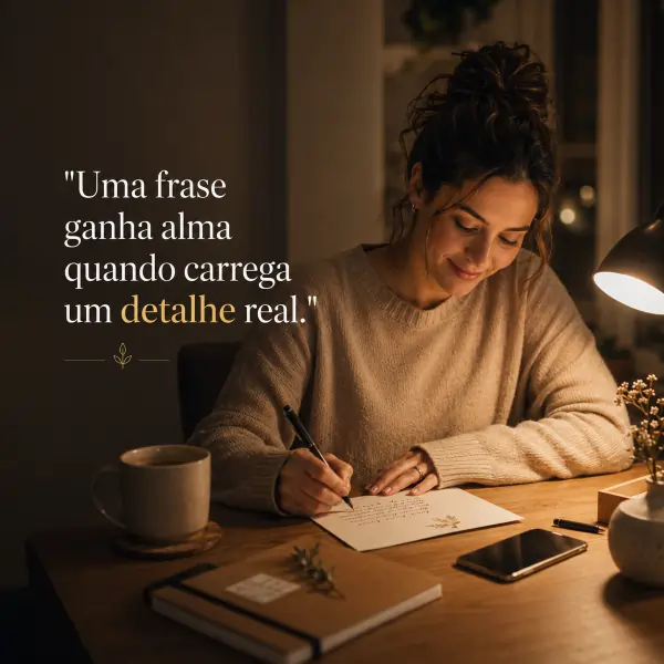 39 frases de humildade e gratidão: reflexões para reconhecer o que importa 4 Mulher escrevendo uma mensagem à luz de abajur com frase sobre dar alma a uma frase.