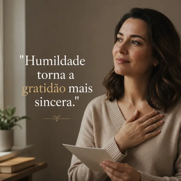 39 frases de humildade e gratidão: reflexões para reconhecer o que importa 3 Mulher segurando papel com a mão no peito e frase sobre humildade e gratidão sincera.