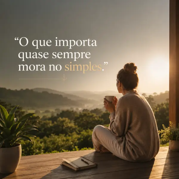 39 frases de humildade e gratidão: reflexões para reconhecer o que importa 2 Mulher sentada em varanda ao amanhecer com xícara e frase sobre gratidão e simplicidade.