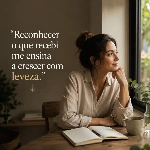 39 frases de humildade e gratidão: reflexões para reconhecer o que importa 1 Mulher sentada à janela com caderno aberto e frase sobre humildade, gratidão e leveza.
