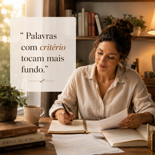 49 frases de gratidão motivacional: força emocional para seguir em frente 5 Mulher escrevendo em mesa com livros e frase de gratidão motivacional sobre escolher palavras com critério.