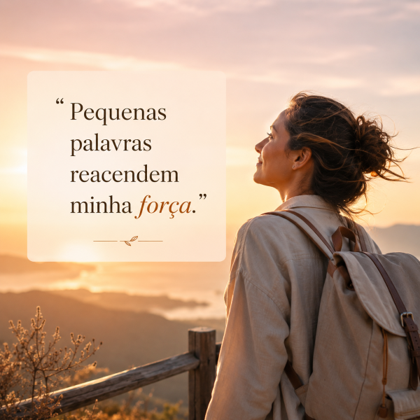 49 frases de gratidão motivacional: força emocional para seguir em frente 6 Mulher com mochila em mirante ao pôr do sol e frase de gratidão motivacional sobre reacender a força.