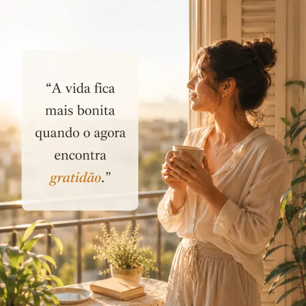 57 frases de gratidão para status: compartilhe reconhecimento em poucas palavras 7 Mulher segurando caneca perto da janela com frase de gratidão sobre valorizar o agora.