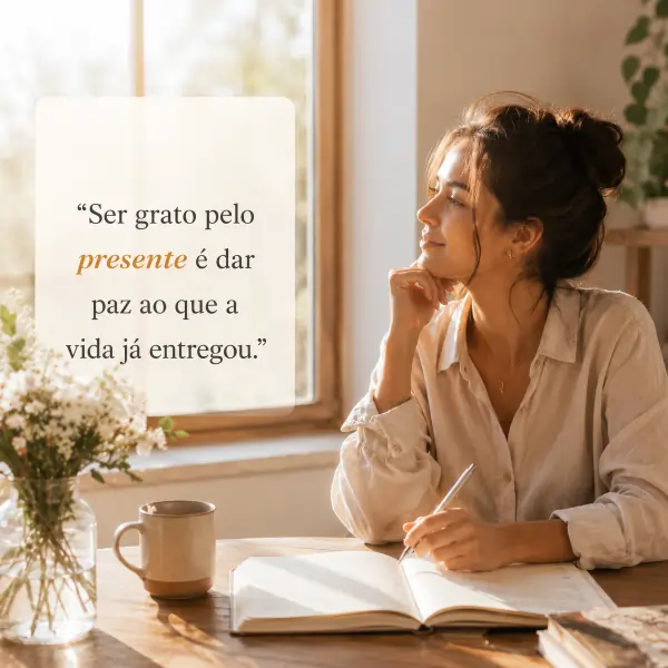 57 frases de gratidão para status: compartilhe reconhecimento em poucas palavras 6 Mulher escrevendo no caderno perto da janela com frase de gratidão sobre valorizar o presente.