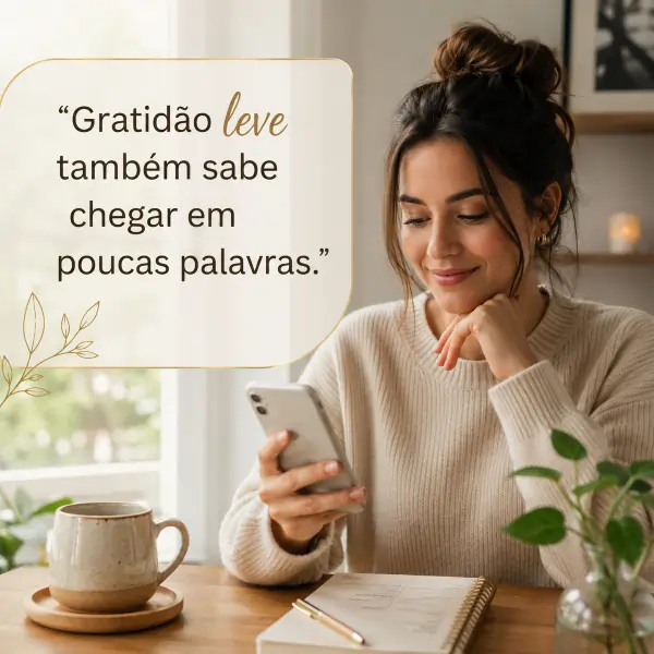 57 frases de gratidão para status: compartilhe reconhecimento em poucas palavras 5 Mulher olhando o celular ao lado de frase de gratidão leve para compartilhar em poucas palavras.