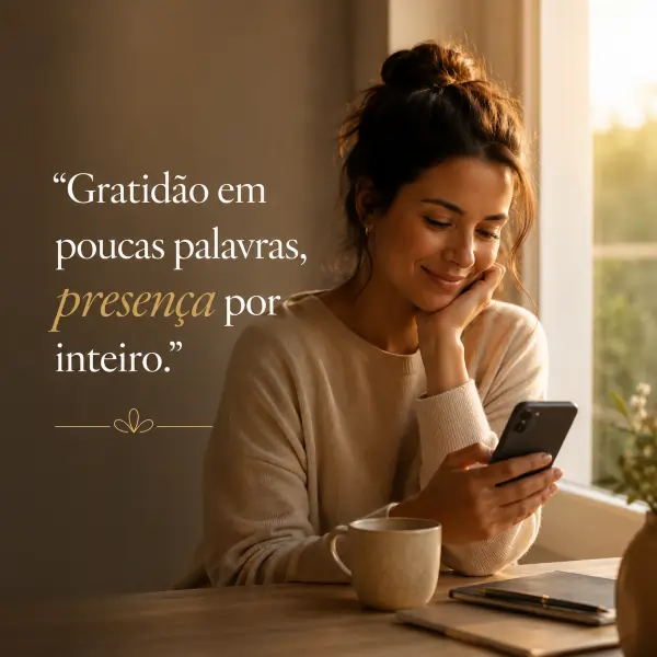 57 frases de gratidão para status: compartilhe reconhecimento em poucas palavras 4 Mulher sorrindo ao celular perto da janela com frase de gratidão para status sobre presença em poucas palavras.