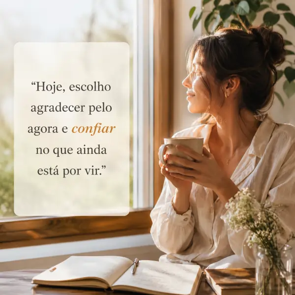 57 frases de gratidão para status: compartilhe reconhecimento em poucas palavras 2 Mulher com caneca perto da janela e frase de gratidão sobre agradecer pelo agora e confiar no que está por vir.