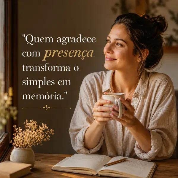 57 frases de gratidão para status: compartilhe reconhecimento em poucas palavras 1 Mulher com caneca perto da janela ao lado da frase: Quem agradece com presença transforma o simples em memória.